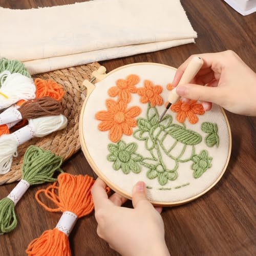 3 Pcs Punch Needle Kits, 7.87 Inch Cute Floral, Bees and Butterfly Punch Needle Kit for Adults Beginner Children Needles Punching kit with Embroidery Hoop, Instruction, Fabric, Sewing Needles, Yarns - size: Style A