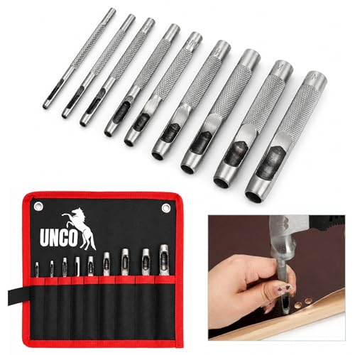 UNCO- Hollow Leather Hole Punch Set, 2.5mm-10mm, 9 pcs, Silver, Carbon Steel Leather Hole Punch Tool with Storage Bag