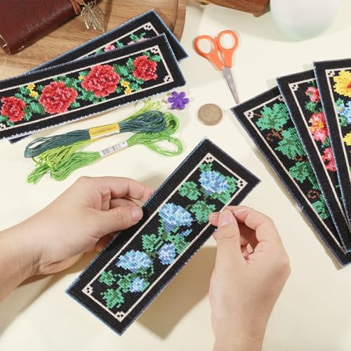 ORIGACH 6 Set Dark Floral & Vine Cross Stitch Bookmark Kit for Beginner - style: Floral and Vine