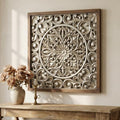 XIAOAIKA Boho Carved Wood Wall Art Panel, Floral Mandala, Distressed Silver - color: Silver