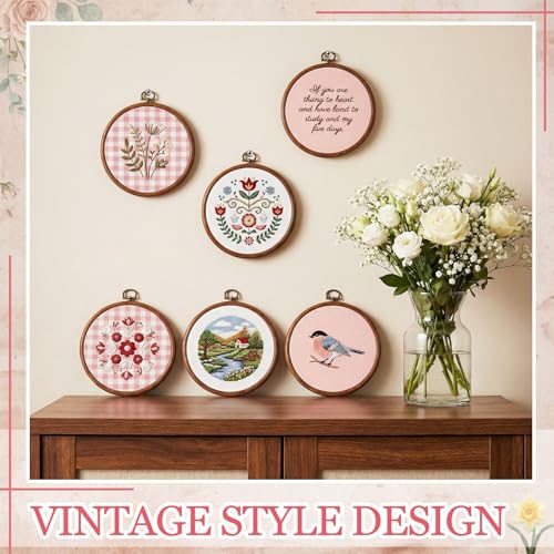 Tudomro 12 Pcs Decorative Embroidery Hoop and Fabric Set 6.7" Round Imitated Wood Cross Stitch Frame & 11.8" Pink Pre-Cut Cloth Squares for DIY Art Craft Sewing Hanging Ornament - color: Pink