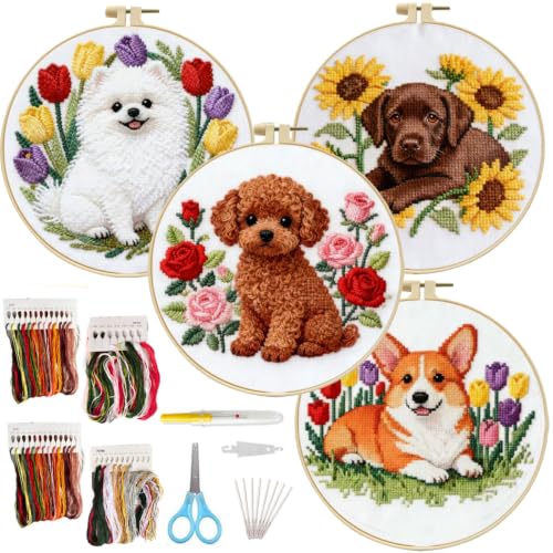 FEIYUENO 4 Set Teddy Cross Stitch Embroidery Kit for Adults Beginner (Dog2) - color: Dog-2