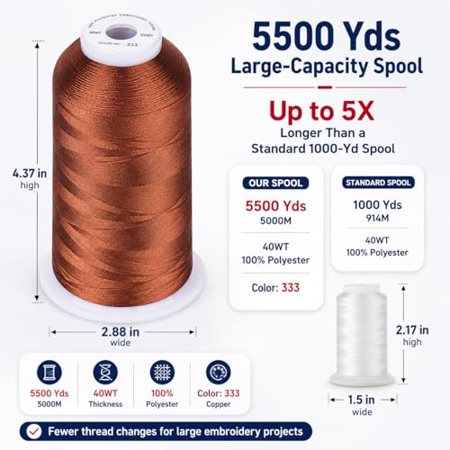 Simthread 5500Yds Embroidery Thread, 5000M High-Yardage 40WT 100% Polyester Thread – 170+ Vivid Colors, High-Speed Rated – Compatible with Brother, Singer, Janome & More - Amber Red 333 - color: AmberRed333