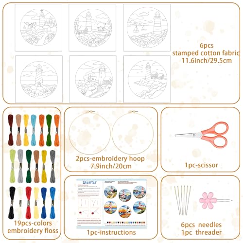 BEUNITONE 6 Set Beginner Embroidery Kit for Adults with Pre-Printed Washable Lighthouse Pattern, DIY Needlepoint Craft Kits for Cloth with Embroidery Hoop and Instruction, Funny Gifts for Home Decor - style: Lighthouse