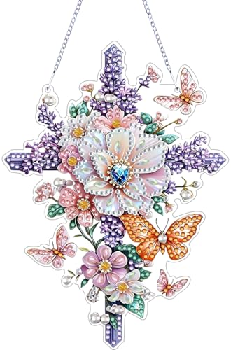 ZeeLionArt Hanging Diamond Art Kits for Adults,Flower Cross Pendant Diamonds Painting Art Kit,5.2x7.1inch Acrylic Diamonds Painting Board Kit Ornament, Special Crystal Diamond Hanging Ornament - color: DP03095