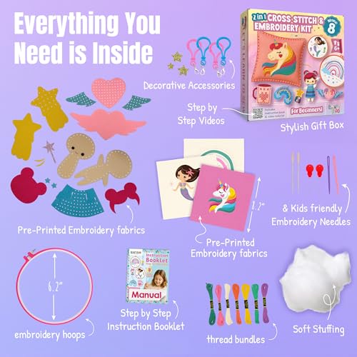 2-in-1 Cross Stitch & Embroidery Kit for Kids - 8 Beginner Projects - style: 2-in-1 Kit (8 Projects)
