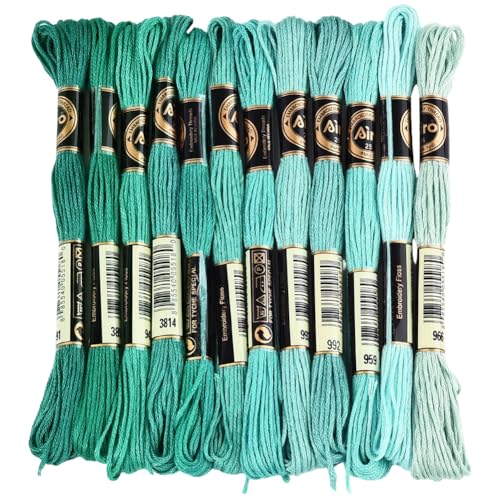 12 Skeins 6 Strands Green Cross Stitch Thread Variegated Gradient Embroidery Floss Polyester Friendship Bracelet String Yarn Threads Bulk for Hand Sewing Bracelets Needlecraft DIY Stitching - color: Light Green
