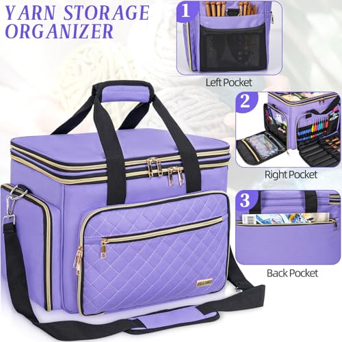 Knitting Bag, Crochet Bag Organizer, Yarn Storage Bag with Divider - color: Purple