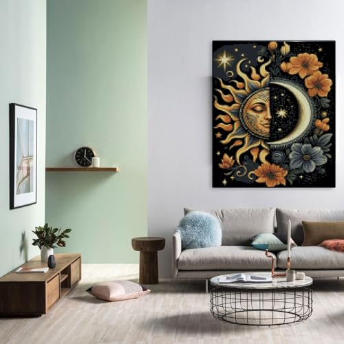 MYBISYMQQ Stamping Cross Stitch Kit Sun and Moon, Round Counting Cross Stitch Kit for Adult Beginners, Full Line DIY Cross Stitch Stitching Kit for Home Decor Cross Stitch Patterns 11.8x15.7inches - color: D024