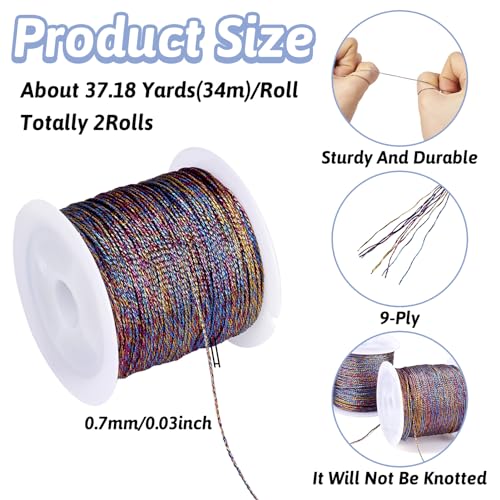 Beadthoven 2 Rolls Metallic Cord Twine, Colorful Thread String for Bracelet Making Rainbow Jewelry Braided Thread Rope 9-Ply Embroidery Thread Floss for Gift Wrapping Home Décor Upholstery Curtain - color: Deep Metallic Color-colorful
