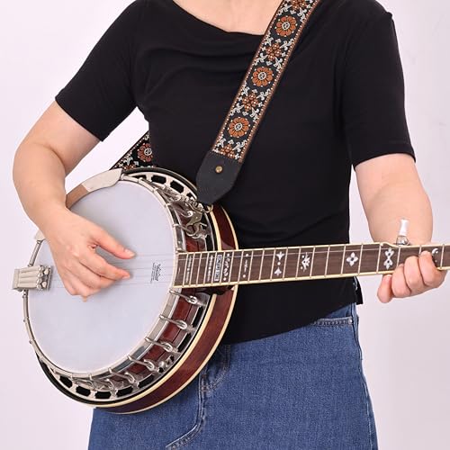Nefelibata Banjo Strap,2"Wide Double Crazy Horse Leather Jacquard Embroidery Strap Adjustable Replacement,Multi-pattern Strap With Metal Clips - color: A#-black Leather Embroidery