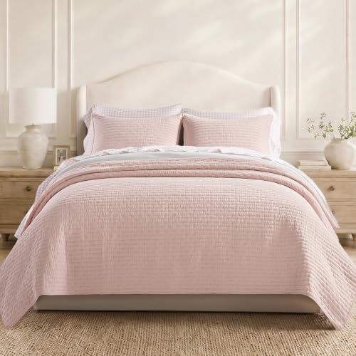EVERGRACE 100% Cotton Cross Stitch 3-Piece Quilt Set, Queen, Ballet Pink - color: Ballet Pink, size: Full/Queen (92" X 96")