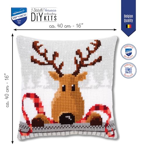 Vervaco Cross Stitch Christmas Pillow Kit Reindeer DIY Home Decor Stamped Embroidery Chunky Cross Stitch Cushion Craft Supplies ca. 16" x 16" Needlepoint Kits for Adults Creative Gift - size: Reindeer