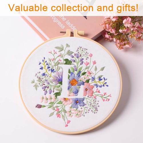 Harimau Letter L Pattern Embroidery Kit for Adult Beginners, Complete Starter Pack with 1 Hoop, Needles, Instruction Guide & Embroidery Stitch Video Tutorials - color: L