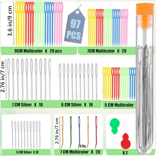 Yarn Needles Set 97 Pcs,Plastic Large-Eye Blunt Needles for Kids,Stainless Steel Yarn Knitting Needles,Crafting Knitting Weaving Stringing Needles,Sewing Needles with Threaders for Crocheting (97)