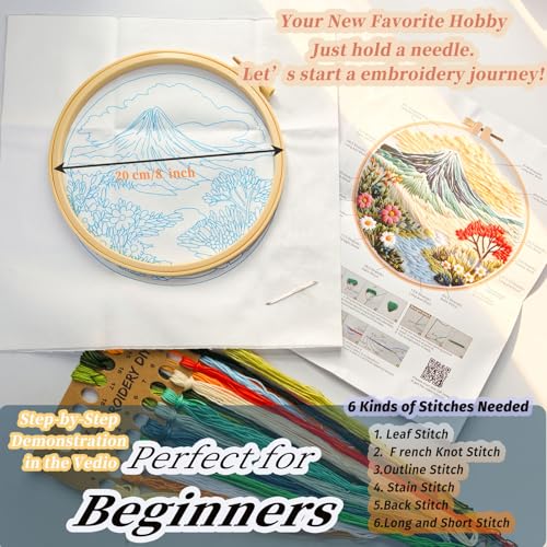 FONNUY Embroidery Kit for Beginners, Flower Hill Nature Landscape Pre-Stamped Pattern Kits for Adults with Hoop, Easy to Follow Color Thread Needlework, 8'' Hoop (Blue) - color: Blue