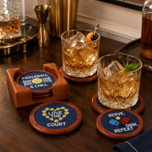 Khen Pickleball Hand-Stitched Needlepoint Coasters - Set of 4, Wooden Holder Solid Wood Needlepoint Inlay French Cotton Thread 4" Durable Decorative Gift, Drink Mats Unique Pickleballers Barware Gifts