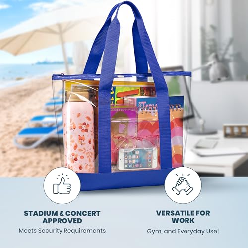 Handy Laundry Clear Tote Bag - Zipper Closure, Long Shoulder Strap, Fabric Trimming. - color: Blue