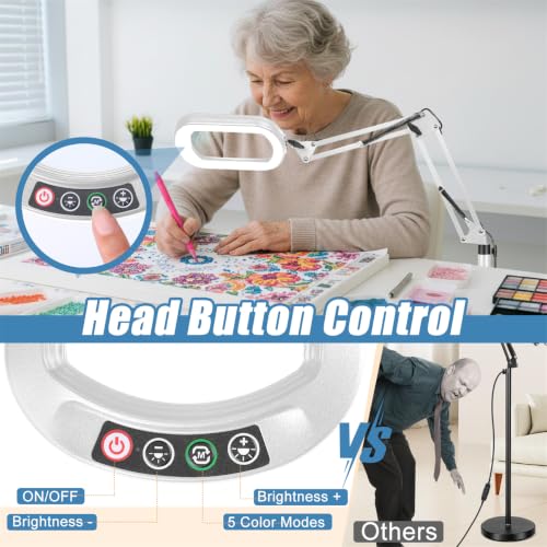 IVMAIE 12X Magnifying Glass with Light and Stand, Real Glass Lens, 5 Color Modes LED Dimmable Lighted, 3-in-1 Floor Lamp with Clamp, Hands Free Magnifier for Reading, Sewing Painting Close Work, White - color: White