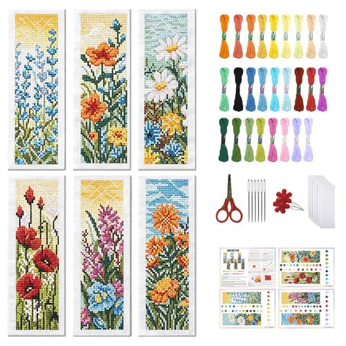 FREEBLOSS 6 Set 11CT Cross Stitch Bookmark Kit 8x2.4inch Wild Flowers - style: Wild Flowers