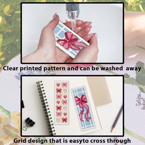 ACRNIGHEET 6PCS Cross Stitch Bookmark Kit for Beginner Cute Pink Bow Stamped Cross Stitch Kits Needlepoint Kit for Adults DIY Tassel Embroidery Bookmark Kits with Instructions Craft Gift 8.5"x3" 11CT - style: Pink Bow Patterns