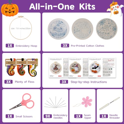 Halloween Embroidery Kit for Beginners with Pumpkin Ghost Patterns&Guide - color: Halloween