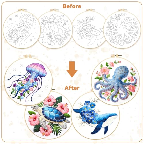 BEUNITONE 4 Pack Beginner Embroidery Kit for Adults, Marine Animals Flowers Pre-Stamped Pattern Needlepoint Kits with Hoops & Instruction, Handmade Embroidery Kits for Fabric and Home Decor 7.9x7.9 - style: A-Marine Animals