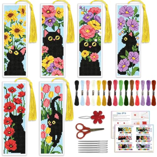 ACRNIGHEET 6PCS Cross Stitch Bookmark Kit for Beginner Stamped Cross Stitch Kits for Adults Cat & Floral DIY Tassel Embroidery Bookmark Kits Needlepoint Kit with Instructions Craft Gift 8.5''x3'' 11CT - style: Black Cat Floral with Tassel