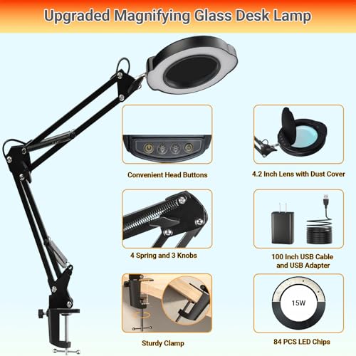15X Magnifying Glass with Light, Real Glass Lens, 84 LEDs, 5 Color Modes, 10 Brightness Dimmable, Adjustable Swing Arm with Clamp, Hands-Free Magnifier for Reading, Crafts, Repair, Sewing, Close Work