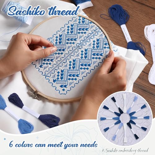 Zeyune 12 Pcs Sashiko Thread Kit with Needles, Blue, 100% Cotton 20m Each - color: Blue