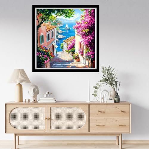 Fanxvivy Counted Cross Stitch Kits for Adults 11CT Unprinted Cross-Stitch Patterns Embroidery Kits Easy Cross Stitching Needlepoint Kits-Seaside Street 18x18 inch - color: DIYcraft04