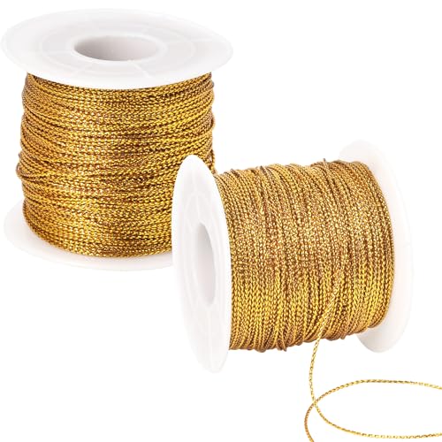 Metallic Cord 218 Yards 1mm Gold String Twine Metallic Tinsel Thin Ribbon Rope Gold Thread String for Crafts Bracelet Necklace Jewelry Making Gift Wrapping Christmas Ornaments Hanging Decoration 2Roll - style: gold