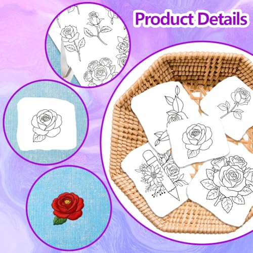 ORIGACH 4 Sheets Rose Floral Water Soluble Embroidery Patterns Stabilizers - Pre-Printed Blooming Rose & Floral Wreath Designs - Stick & Stitch Embroidery Paper for Hand Sewing Lovers - color: Rose