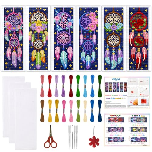ORIGACH 6 Set Dream Catcher Cross Stitch Bookmark Kit for Beginner - style: Dream Catcher