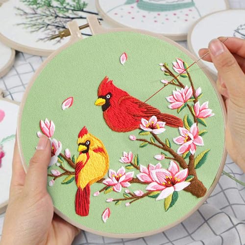 Nuberlic 3 Pack Embroidery Kit for Beginners with Cardinal & Blue Bird - color: Hummingbird and Flower