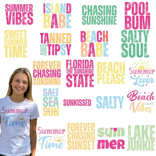 Dazoratix Summer Iron on Transfers - 20 Sheets Colorful Beach Vibes DTF Ready to Press Bulk Sun Heat Patches Stickers Vinyl Decals for T Shirts Clothing Pillow Bag Hat DIY Crafts Appliques Decorations - style: Summer