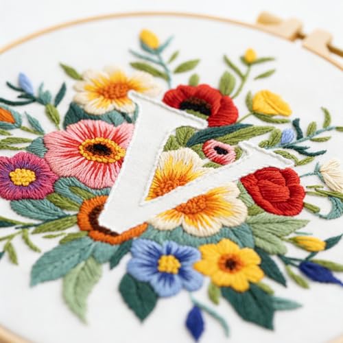 Zerzsy 7.87 '' Embroidery Kits Plant Flower Leaf English Letter Patterns for Beginners Adults, Easy to Learn Cross Stitch Kit for Home Office Decor - color: Letter V