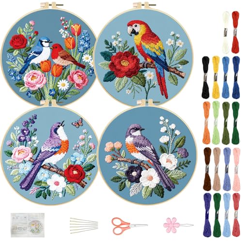 FREEBLOSS 4 Sets Embroidery Kit for Beginners Needlepoint Birds&Wreath Stamped Embroidery Starter Kit with Instructions, Needles, Threads, 2 Hoops 11.6"/29.5CM - style: Bird Wreath