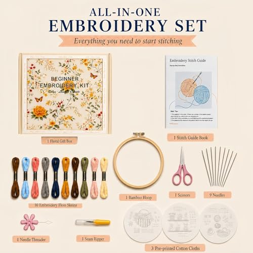 Ruyitycy Embroidery Kit for Beginners and Adults, Learn 21 Stitches with Video Tutorials, All-in-One Hand Embroidery Starter Set with Patterns, Hoop, Threads and Tools
