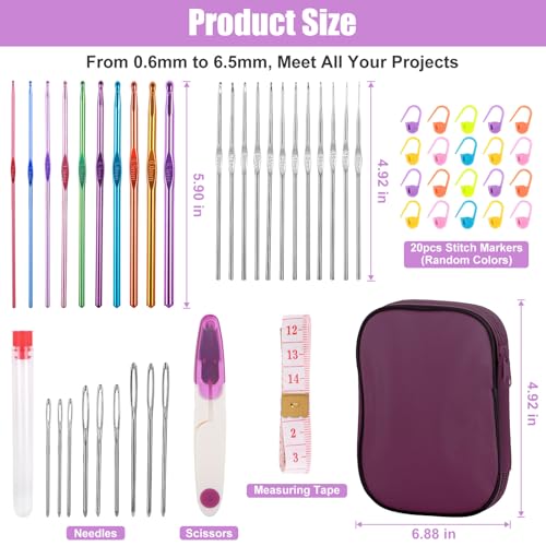 MECHEER Crochet Kits 54 Pack, Crochet Hook Set Knitting Kit for Beginners, Ergonomic Crochet Hooks Kit with Storage Case, Knitting Needles, Hand Craft Crocheting Supplies for Crocheters - color: Dark Purple