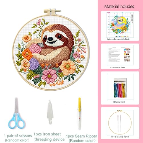 LSLFQYQSK Beginners Embroidery Kits - Small Animal DIY Cross Stitch Kits,Including,Stamped Flower Patterns,Hoop,Color Threads,Tools (Style D) - style: Style D