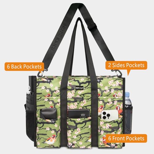 TOPDesign Utility Water Resistant Tote Bag with 22 Pockets, Zipper Closure - color: Bird, size: Large