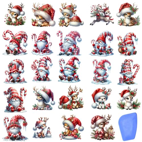 ZMRU 24 Sheets Vintage Christmas Rub On Transfers for Crafts, Rub On Transfers Christmas for Wood，Furniture Decals, Glass, Porcelain, Leather, Canvas, Fabric Projects,3 * 3inch(Gnome Reindeer) - color: Gnome Reindeer