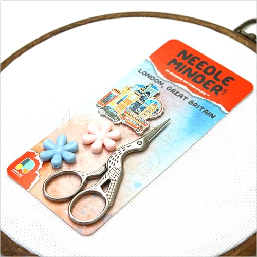 Awesome Pattern Studio Needle Minder Set – London Magnetic Needle Minder + 2 Needle Threaders + Crane Scissors. Enamel Pin for Cross Stitch, Embroidery and Craft - size: London Set #2