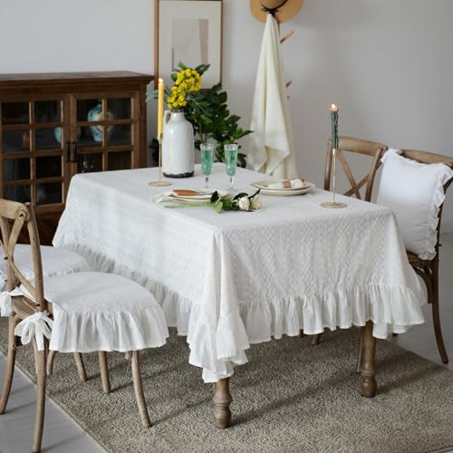 ARTMAGIC French Ruffled Cotton Tablecloth with Lace Decorative - size: 120" x 60" (Rectangular)
