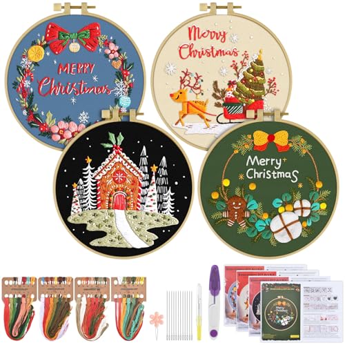 ERKOON 4 Sets Embroidery Kit for Beginners, Christmas Cross Stitch Set with Easy Pattern Embroidery Cloth Hoops Threads for Craft Lover Hand Stitch - color: Christmas