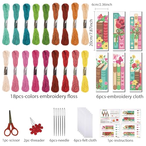 FREEBLOSS 6 Set 11CT Cross Stitch Bookmarks Kit Books Theme Stamped Cross Stitch Kit DIY Embroidery Bookmark Set with Instruction for Adults Beginners Gift for Reading Enthusiasts 20x6cm/8x2.4inch - style: Spine