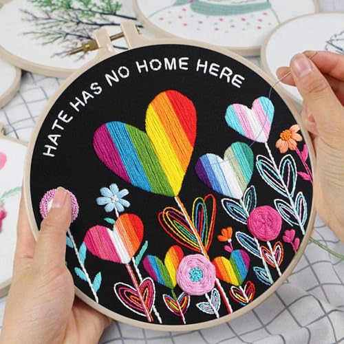 Louise Maelys Embroidery Kit, Rainbow Heart Canvas Tote Bag DIY Craft Set - color: love flower