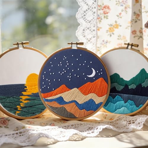 Embroidery Kits for Beginners Adults, Stamped Cross Stitch kits for Adult Beginners Embroidery Starter Kit with Pattern, 3 Embroidery Hoop and Fabric, Needles Threads (Attached Teaching Video QR Code) - color: Green