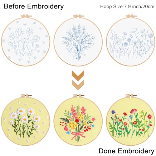 Louise Maelys 3 Set Floral Embroidery Kit, Botanical DIY Craft Collection - color: spring flowers